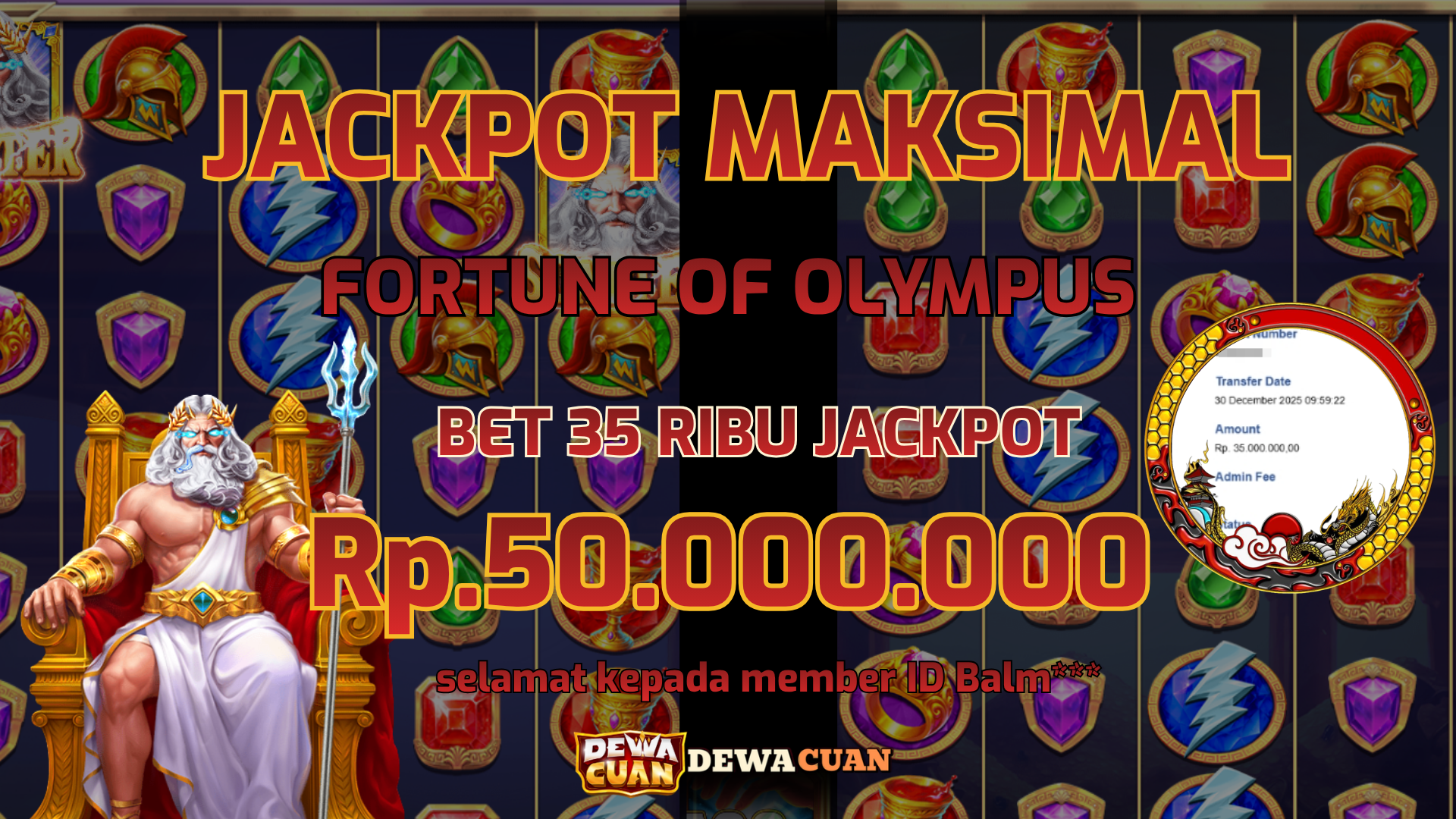 Jackpot Fortune Olympus Maksimal Rp50 Juta Hanya Bet 35 Ribu, Member ID Balm Menang Besar!